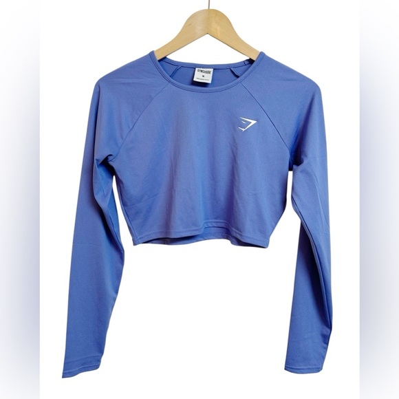 GYMSHARK Training Women Sport Top M Cropped Blue Crewneck Stretch Workout - Picture 2 of 4
